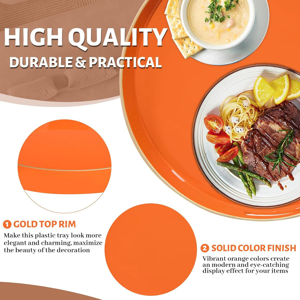 MAONAME 13" Round Tray, Orange Serving Tray with Handles, Modern Decorative Trays for Coffee Table, Plastic Ottoman Trays for Ottoman, Bathroom, Halloween Decor