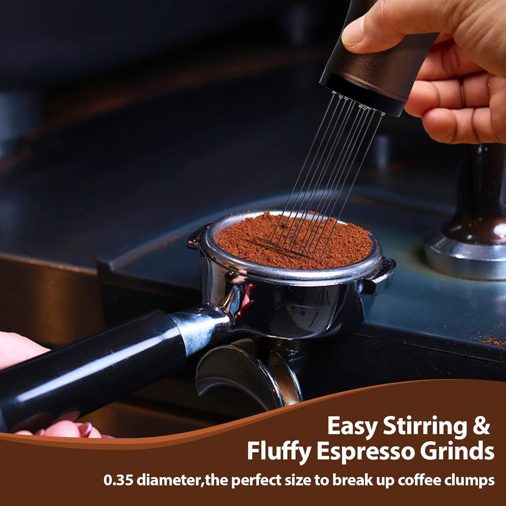 WDT tool, Espresso Distribution tools, 10 x 0.35mm 304 Stainless Steel Needles Installed with 10 Extra needles for Espresso Stirrer Replacement, Aluminum Alloy Handle with Stand (Matte Brown)