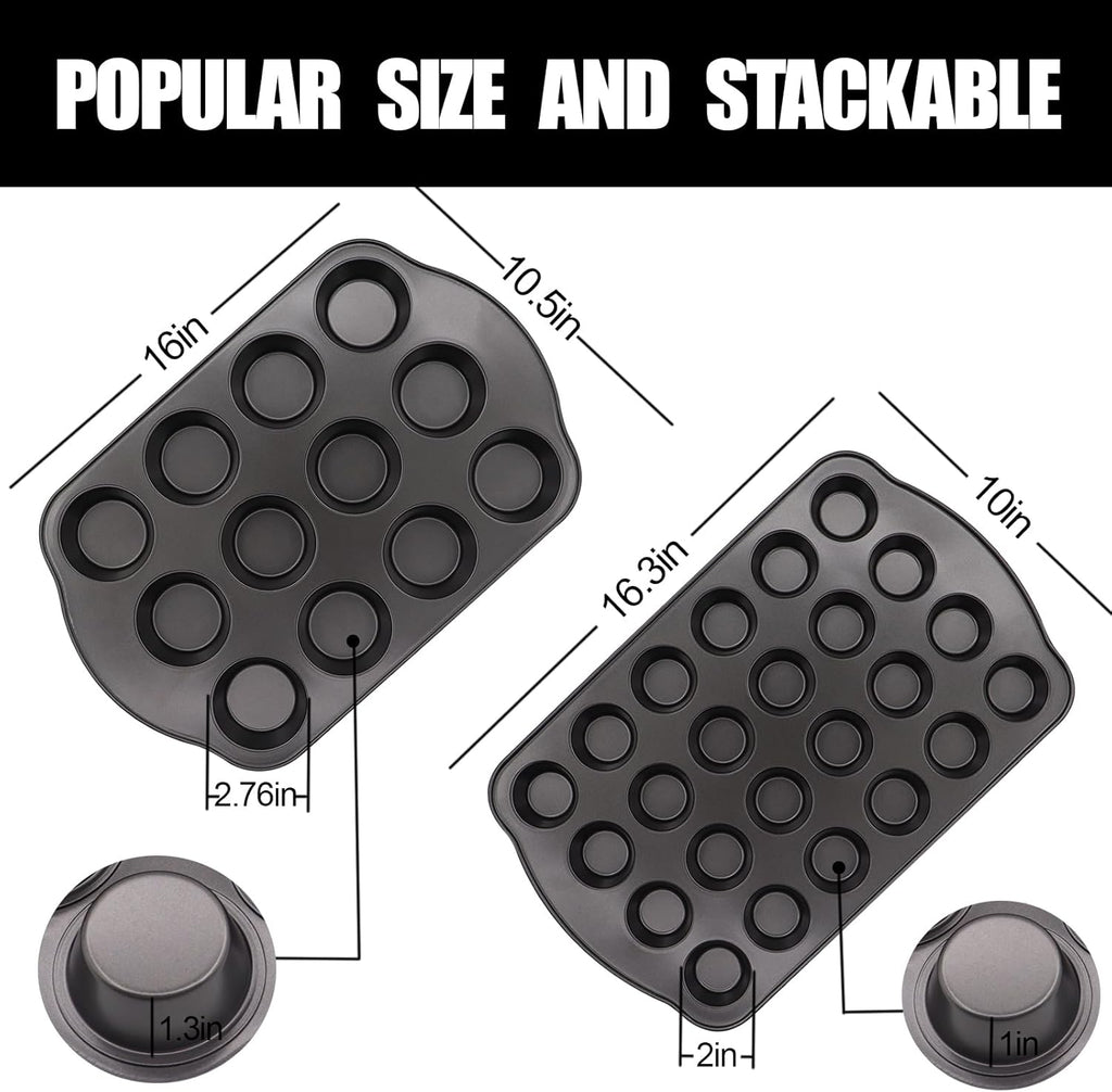 12+24 Muffin Pan Set (2 Pack) - Nonstick Cupcake Tins Dark Gray | Heavy Duty Carbon Steel, Rustproof, Oven Safe Baking Gift
