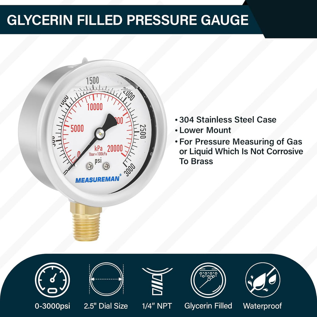 MEASUREMAN 2-1/2" dial,Glycerin Filled, Stainless Steel case, Brass Inside, 0-3000psi/kpa,1/4" NPT Lower Mount