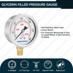 MEASUREMAN 2-1/2" dial,Glycerin Filled, Stainless Steel case, Brass Inside, 0-3000psi/kpa,1/4" NPT Lower Mount