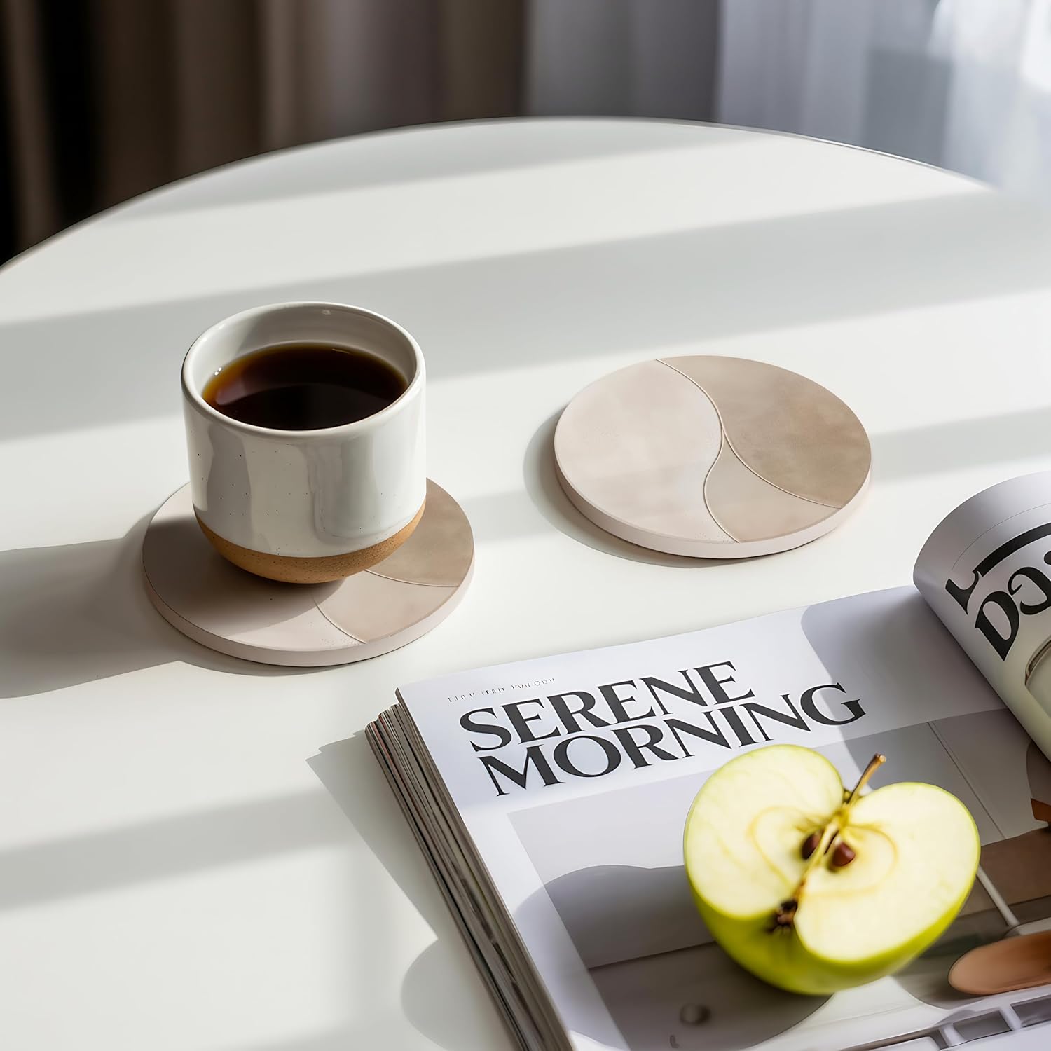 VEYRO Coasters Set of 6 for Drinks – Absorbent Ceramic Stone Drink Coasters with Cork Backing for Coffee Table & Desk, Modern Marble Look Cup Coaster Set, Housewarming Gift for New Home