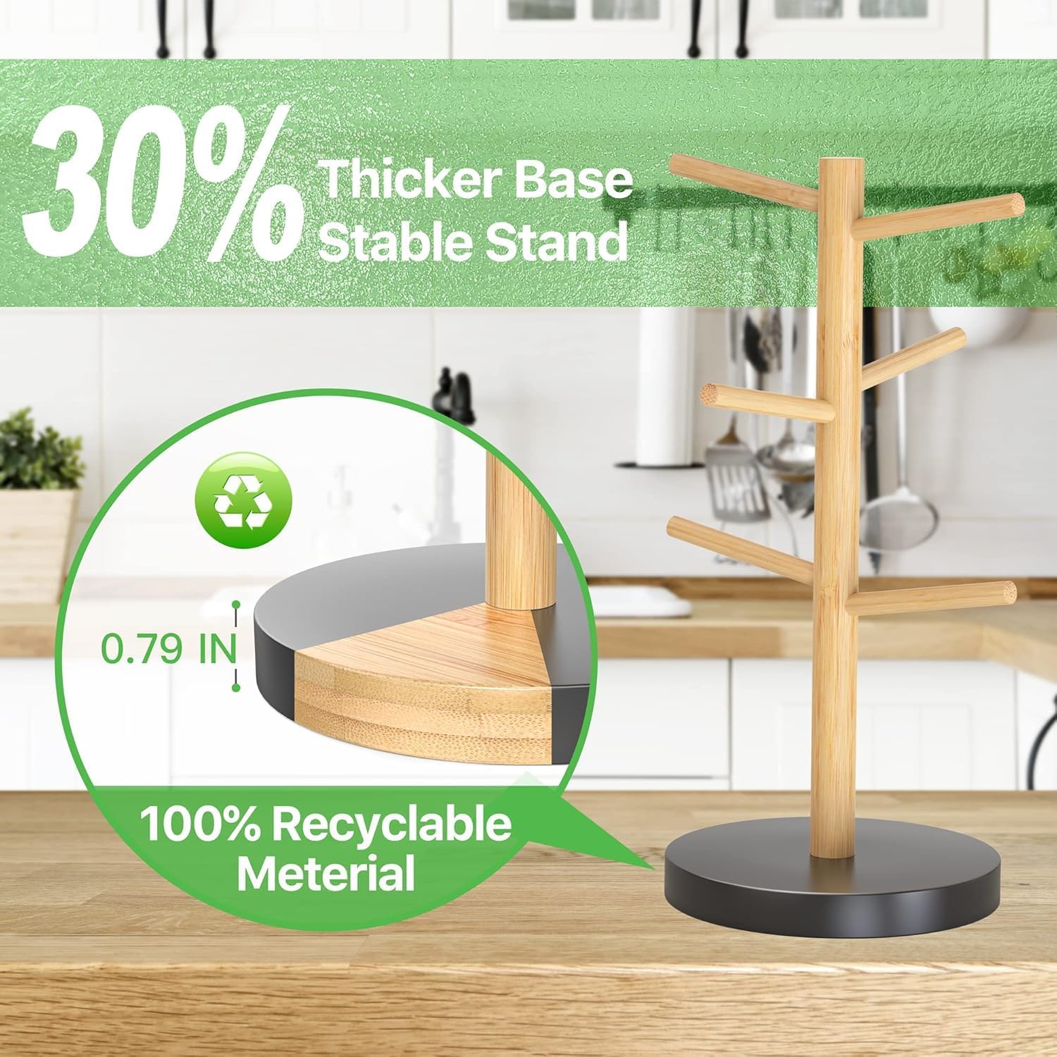 Wisuce Bamboo Mug Holder - Black Coffee Mug Tree Stand for Countertop - Organizer