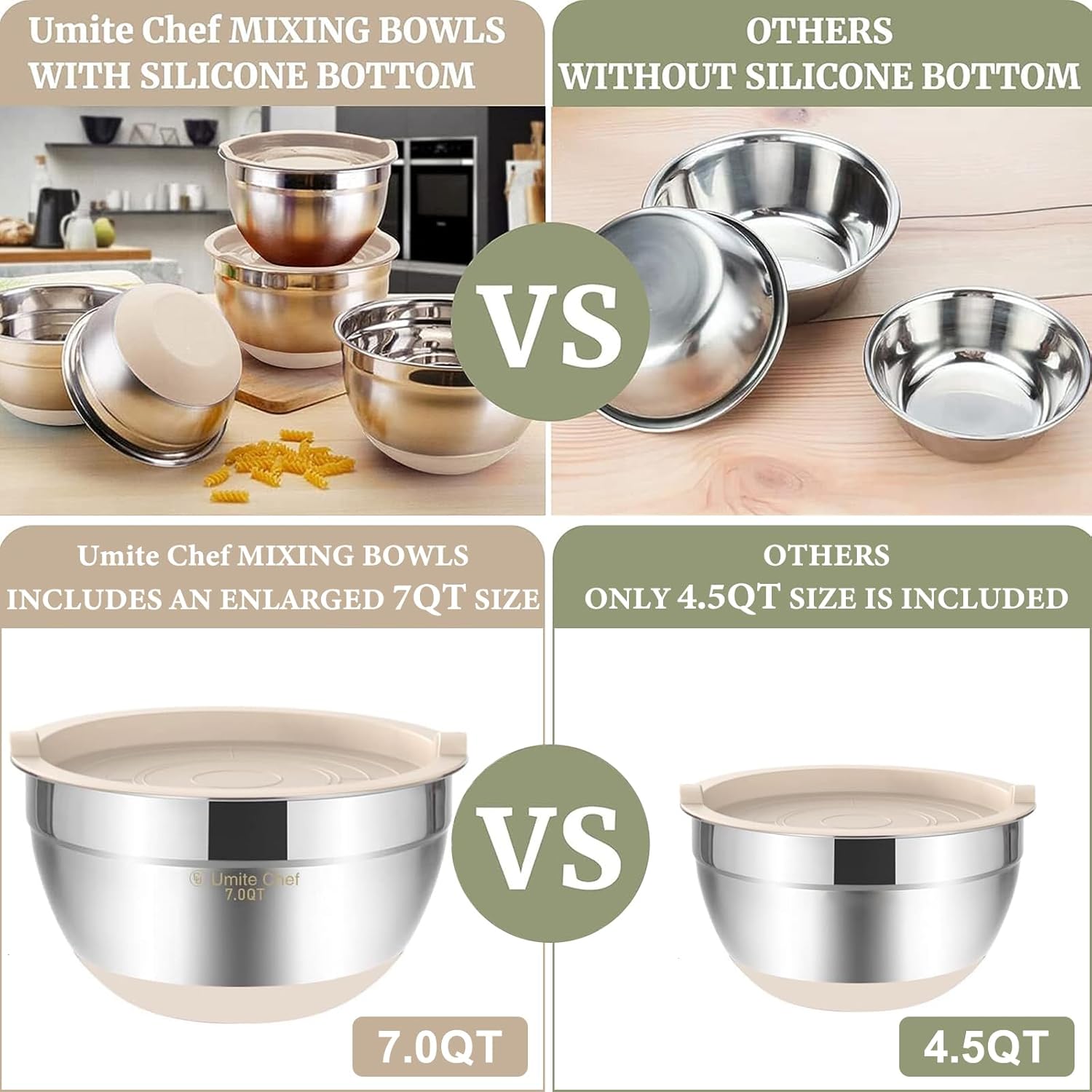 Umite Chef Mixing Bowls with Airtight Lids, 6 piece Stainless Steel Metal Nesting Storage Bowls, Non-Slip Bottoms Size 7, 3.5, 2.5, 2.0,1.5, 1QT, Great for Mixing & Serving (Khaki)