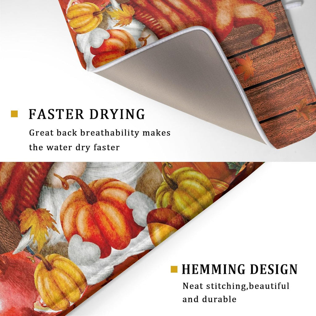 Fall Gnome Dish Drying Mat for Kitchen Counter,Autumn Pumpkin Maple Leaves Drying Mat 18 x 24 Inch Microfiber Dark Brown Wood Dish Drying Pad Dish Rack Drainer Mat Thanksgiving Day Decor