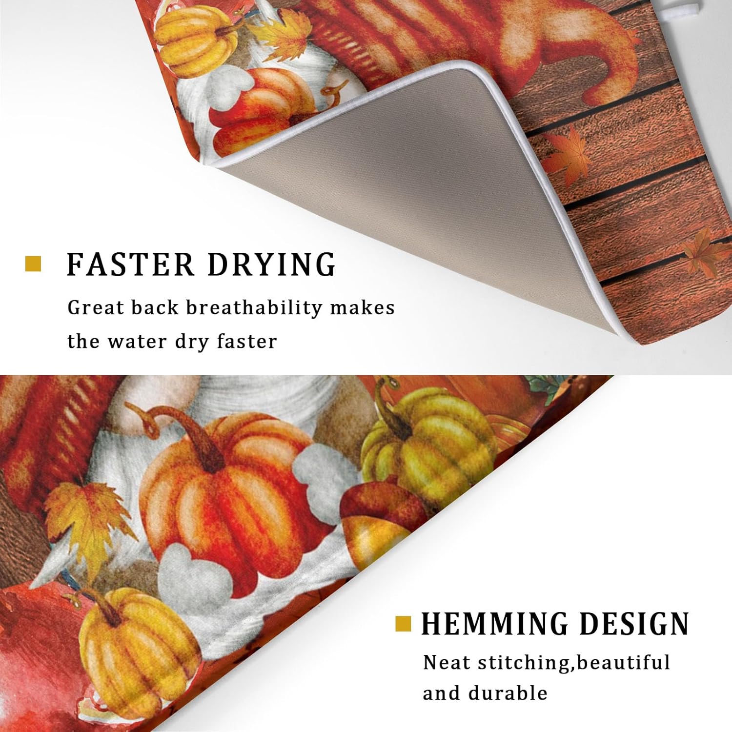 Fall Gnome Dish Drying Mat for Kitchen Counter,Autumn Pumpkin Maple Leaves Drying Mat 18 x 24 Inch Microfiber Dark Brown Wood Dish Drying Pad Dish Rack Drainer Mat Thanksgiving Day Decor