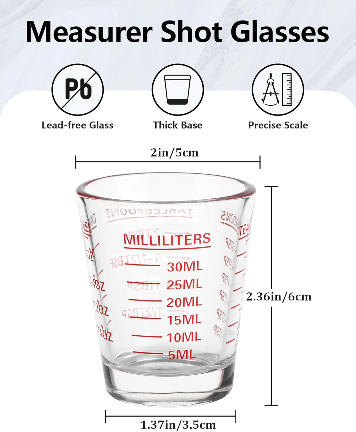 Shot Glasses Measuring Cup Set 2PACK Espresso Shot Glasses Liquid Heavy Glass 26-Incremental Measurement 1 OZ, 2 TBS, 6 TSP, 30 ML Kitchen Tools (RED&Black)