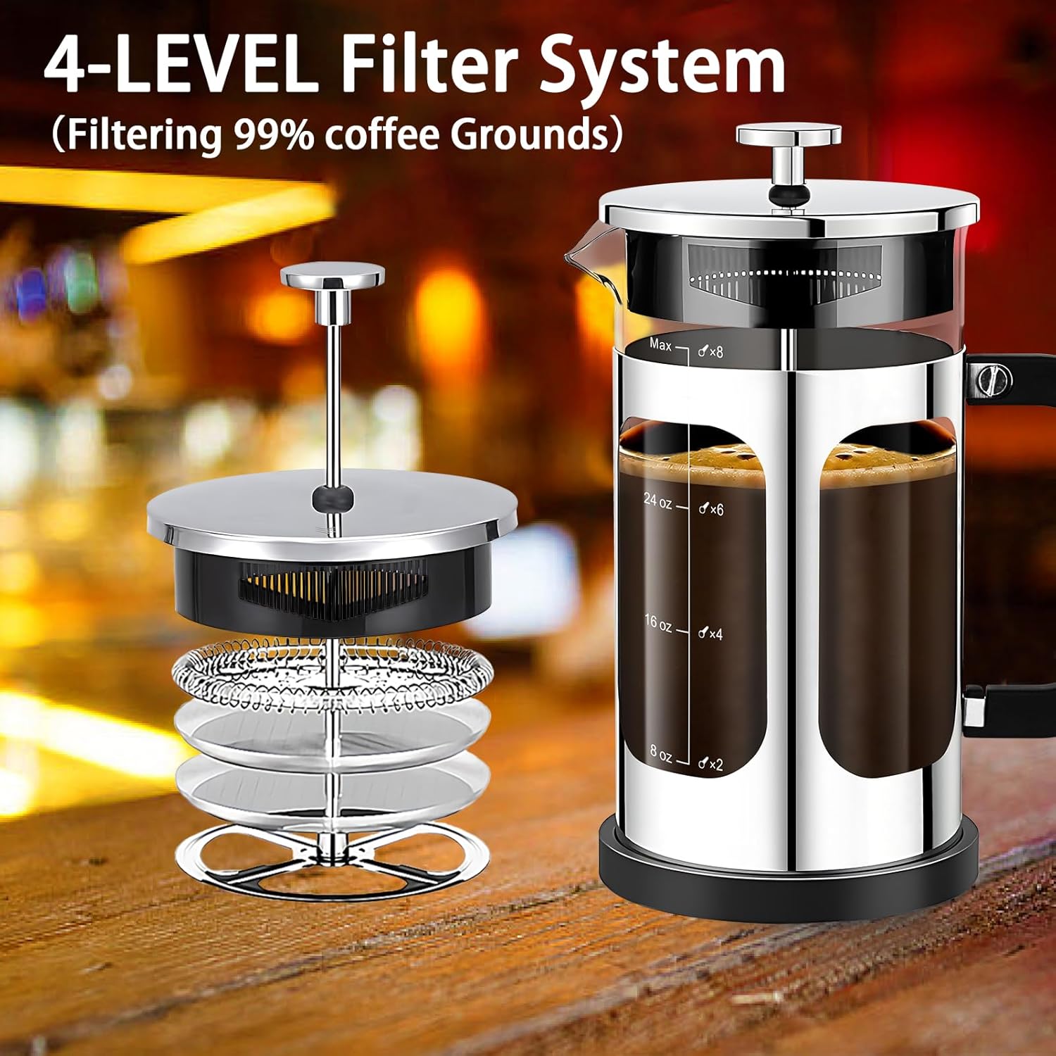 French Press Coffee Maker (34oz 1Quart 5-6Cup) Coffee Press, with 4 Filters System, Heat Resistant Thickness Borosilicate Glass, Cold Brew Coffee Tea Pot Gifts (Silvery)
