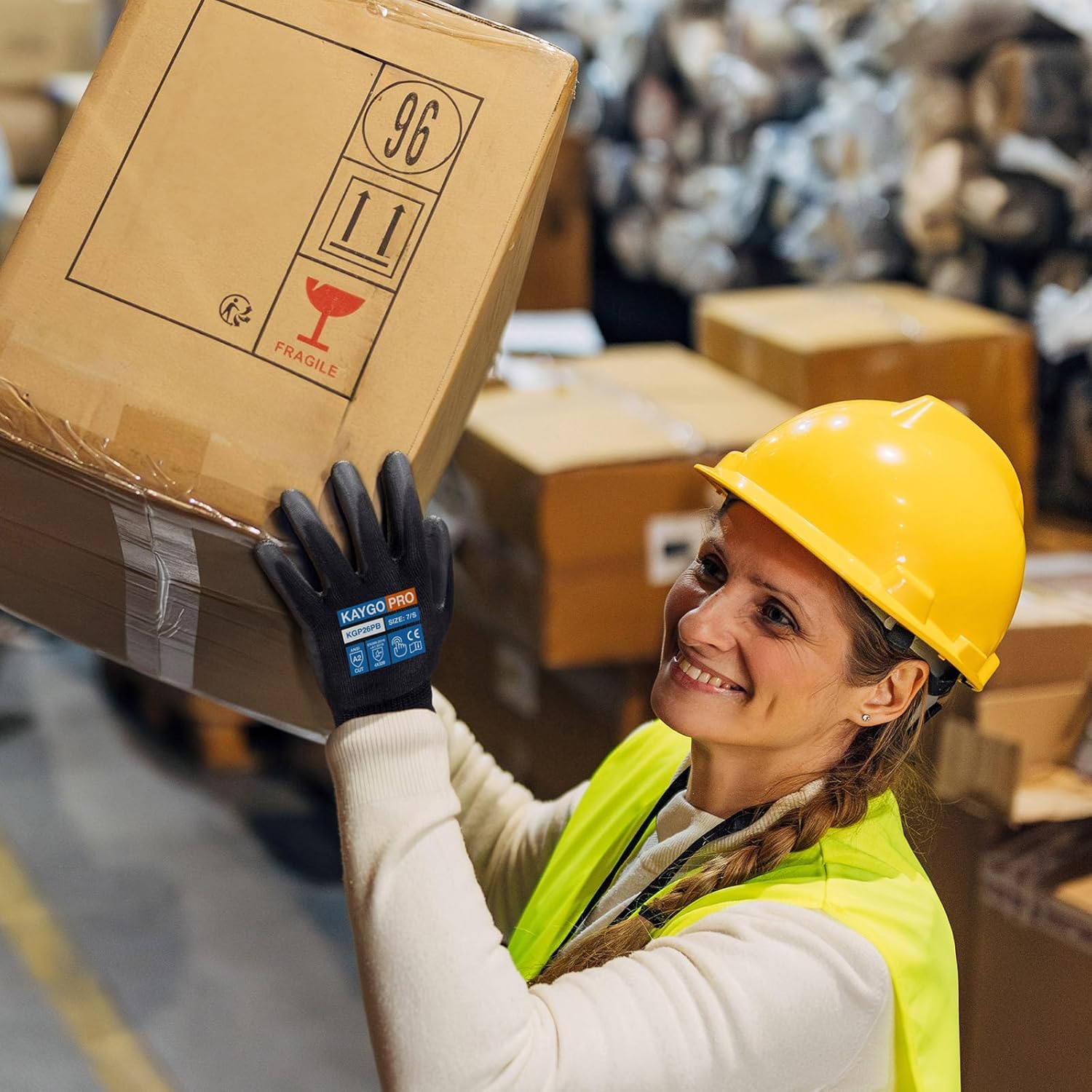 KAYGO Cut Resistant Gloves PU Coated, 12 Pairs Safety Work Gloves with full fingers Touchscreen, ANSI Cut Level A2, for Men and Women, Ideal for General Duty Work KG11P, Black,S