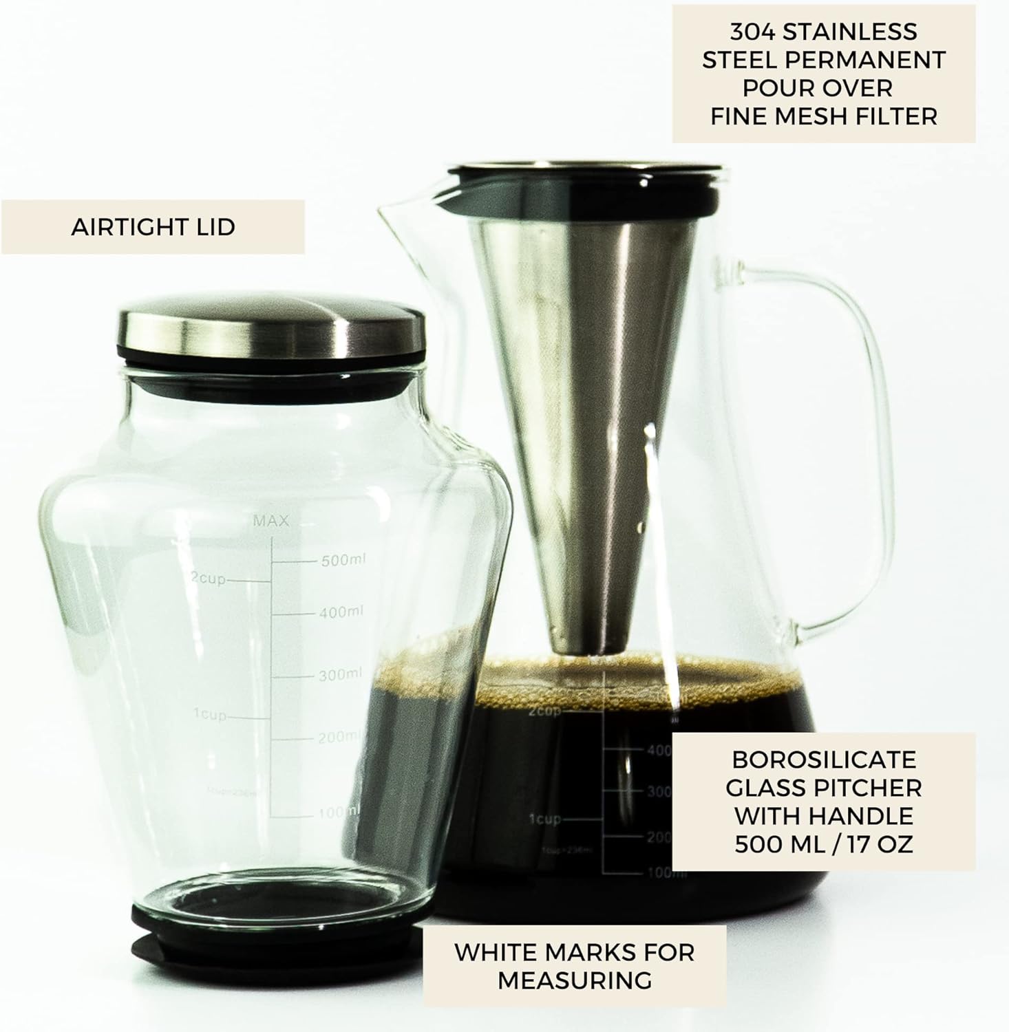 Ice Dripper Cold Brew Coffee Maker - Fire Toughened Borosilicate Glass Pitcher - 304 Stainless Steel Filter - 500ml - Cafe Crush Club