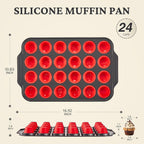 BRONYPRO Silicone Mini Muffin Pan with Metal Frame, Egg Bite Molds for Baking for Baking, Cupcake Pans 24 Regular Size, Muffin Tins Easy to Pop Nonstick Non Toxic Bakeware for Oven,Red