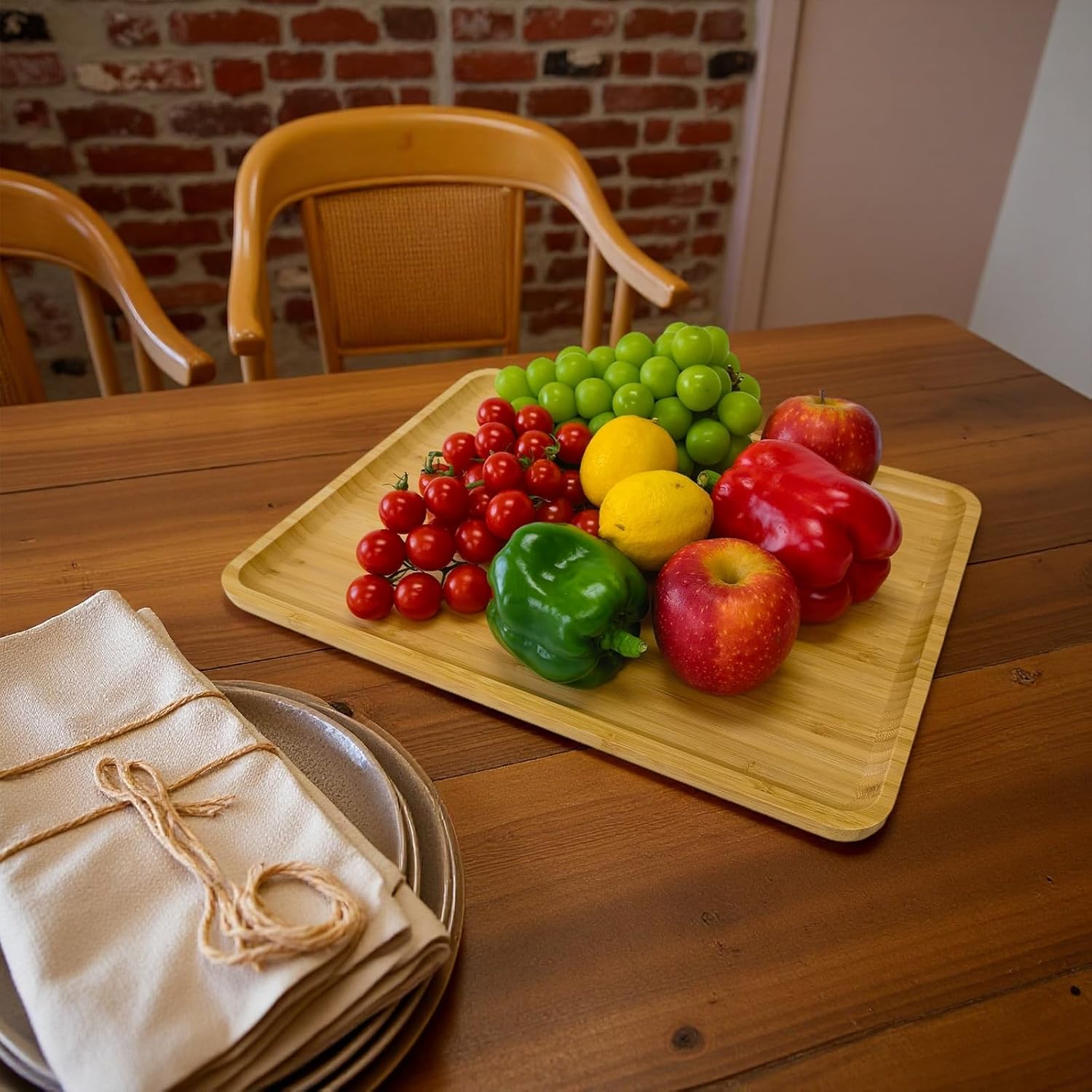 Bamboo Serving Tray Rectangle Platter Breakfast Dinner Food Bed Tray for Eating Kitchen Restaurants (1, 15.7" x 12.8" x 0.8" (no Handle))