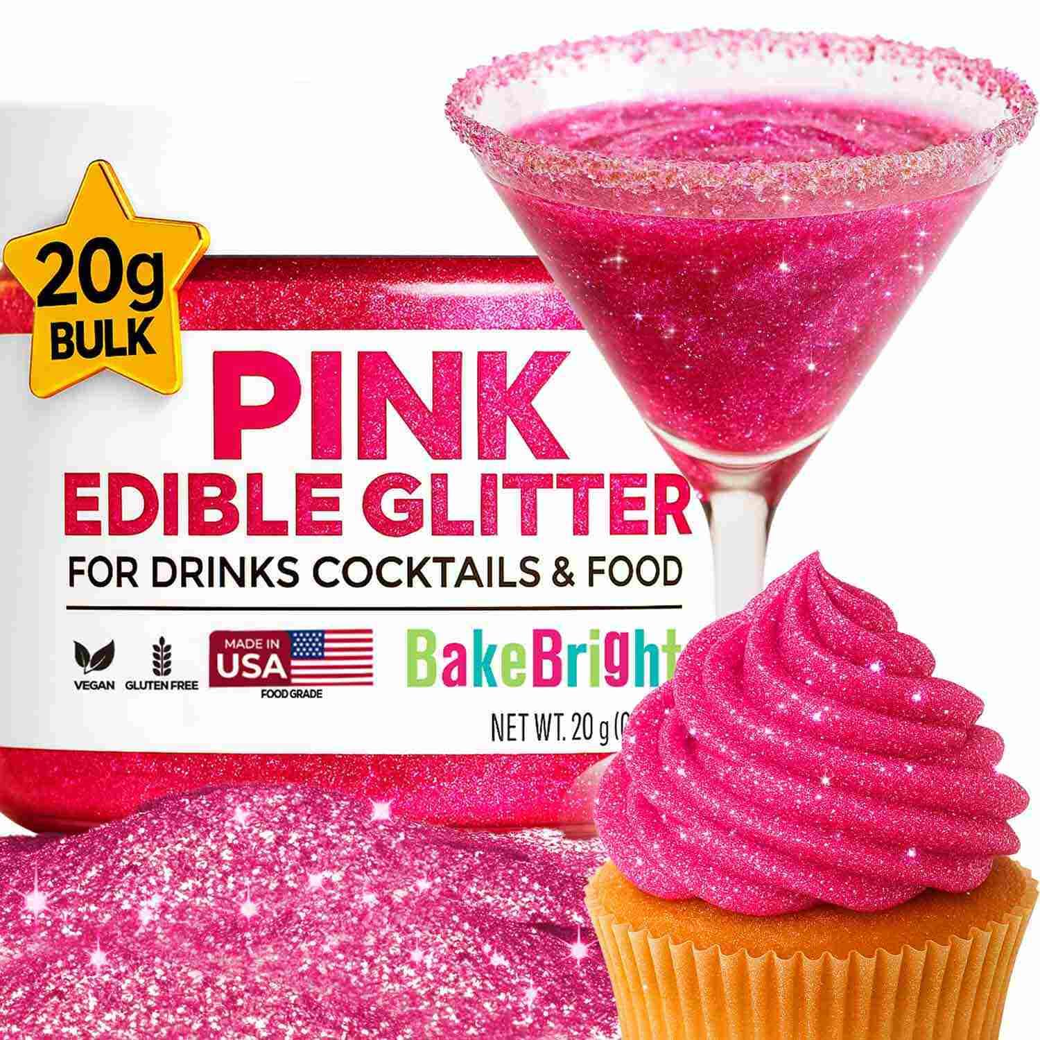 Bulk (20g) Pink Edible Glitter for Drinks | Premium Pink Edible Glitter for Cakes Drink Brew - Edible Glitter Cake Decorations for Strawberries Cocktail