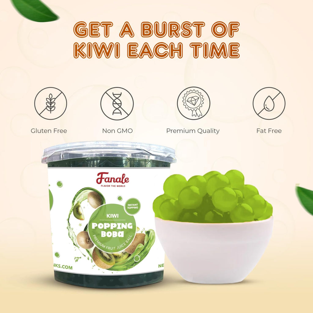 Fanale Kiwi Popping Boba Pearls, Vegan, Non GMO, Gluten Free, Fat Free, Perfect for Bubble Tea, Smoothies, Ice Cream, Desserts, and Beverages.