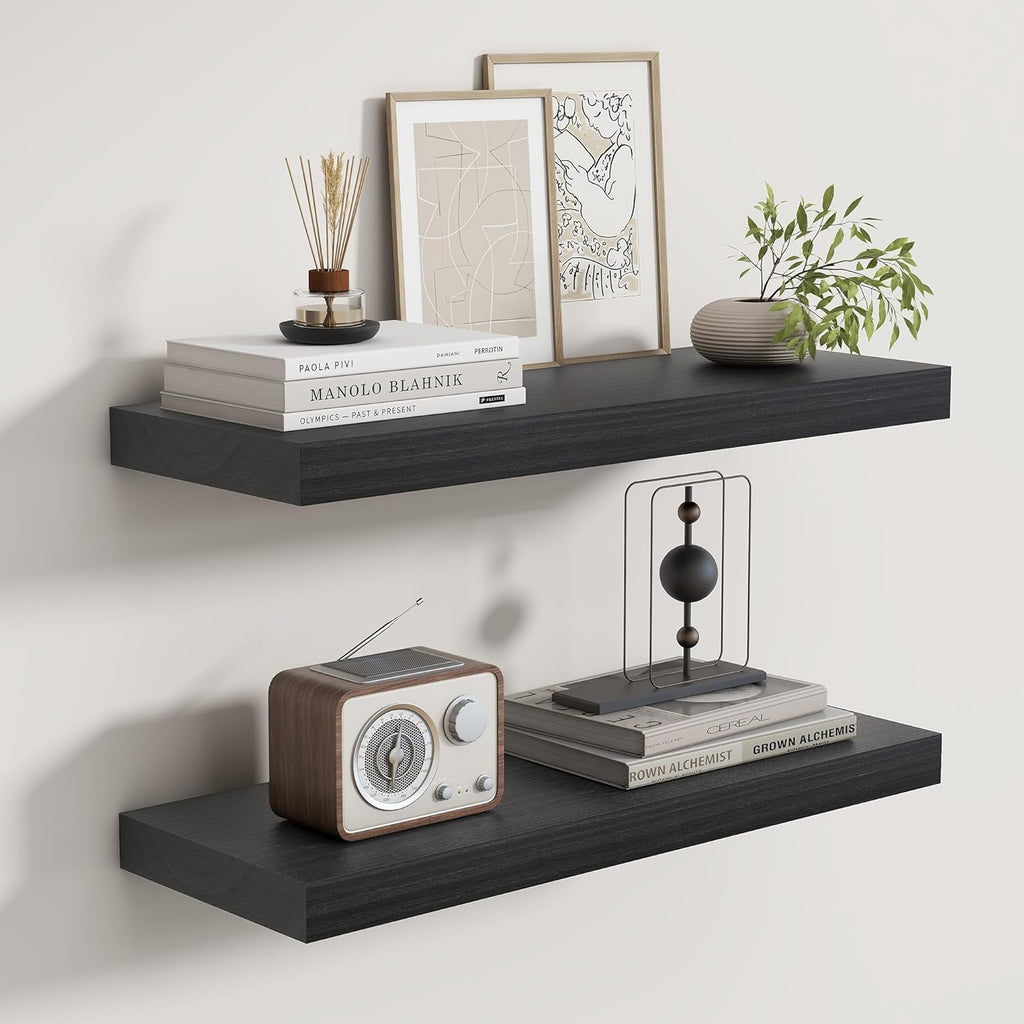 Fun Memories Rustic Floating Shelves for Home Decor, 8 Inch Deep Floating Shelf, Solid Wood Floating Wall Shelves 24 Inch Long, Deep Wall Shelves for Bathroom, Living Room, Black Finsh, Set of 2