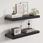 Fun Memories Rustic Floating Shelves for Home Decor, 8 Inch Deep Floating Shelf, Solid Wood Floating Wall Shelves 24 Inch Long, Deep Wall Shelves for Bathroom, Living Room, Black Finsh, Set of 2