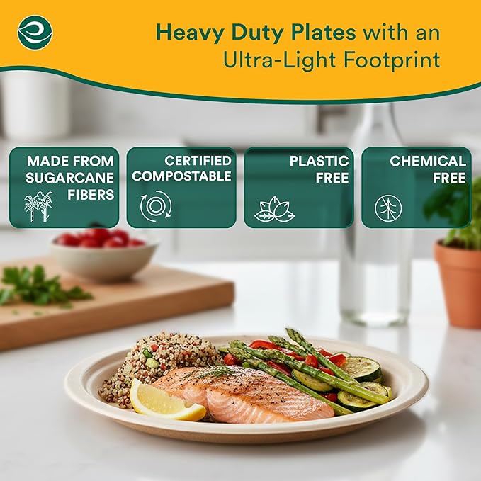 ECO SOUL Compostable 9 Inch(200-Pack) Biodegradable Heavy-Duty Disposable Eco-Friendly Paper Plates for Christmas Dinner & Parties, Wedding, Event