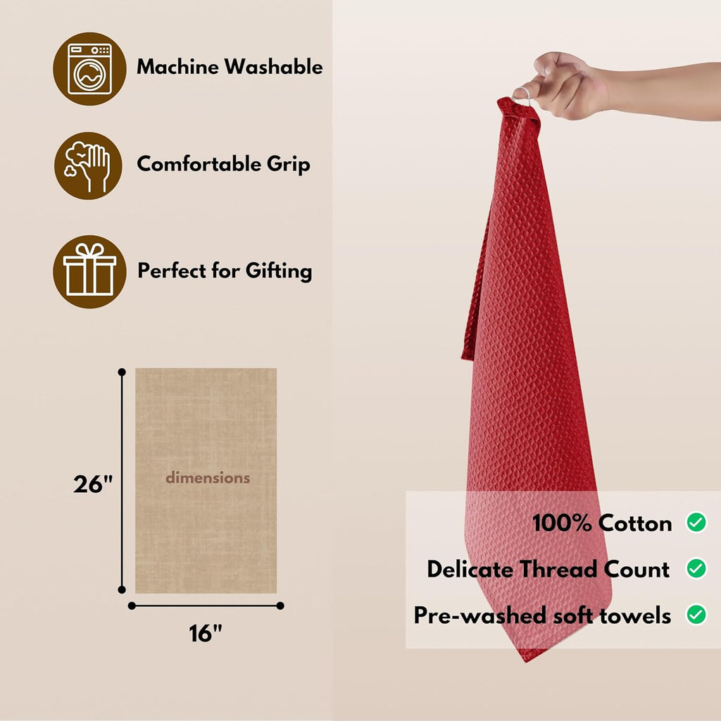 Native Fab Cotton Kitchen Towel with Hanging Loop 16x26 inches, 6-Pack, Waffle Weave Kitchen Towels for Cleaning Drying, Washcloths Soft & Absorbent Cloth Rags, Bar Towel, Dish Cloth, Red