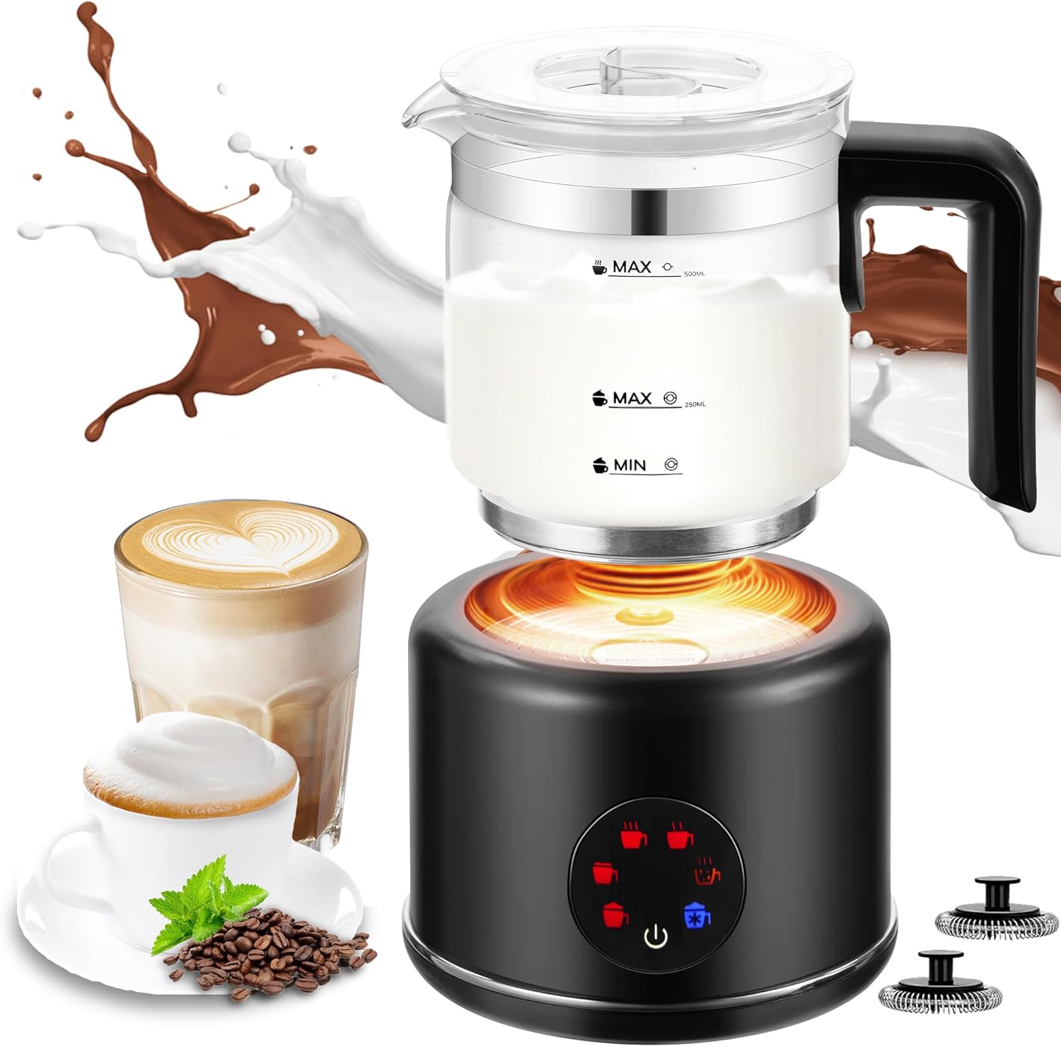 Milk Frother and Steamer, 6 in 1 Milk Steamer and Milk Warmer, 17oz Auto Shut Off Electric Frother with Touch Screen, Hot/Cold Foam Maker for Coffee, Latte, Cappuccino, Hot Chocolate