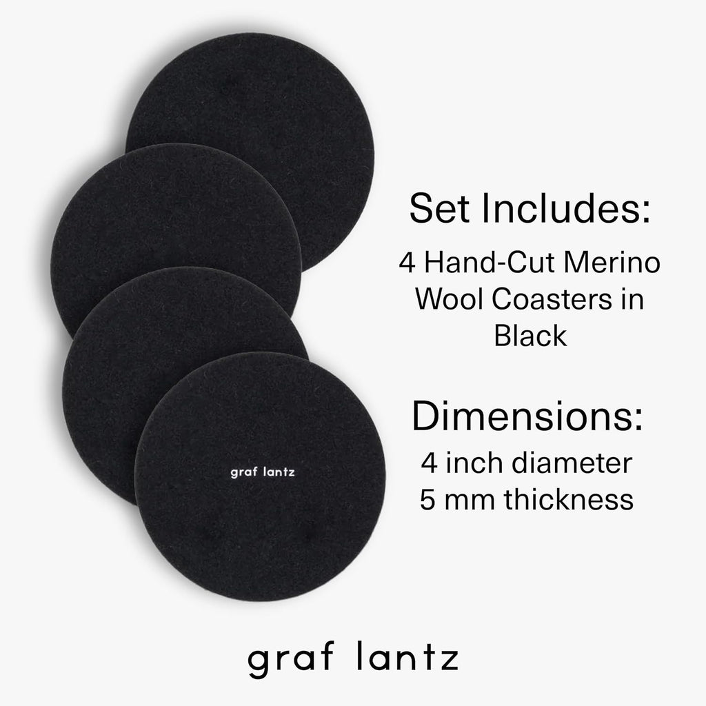 Graf Lantz - Bierfilzl Merino Wool Round Coasters Set of 4 - Black (4" Circles) - Absorbs 30% of Weight - German Wool - Heat Resistant, Sustainable, & Reusable - Home Decor & Coffee Table Decor