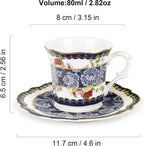 fanquare 2.5 Ounce Espresso Cups Set of 6, 12 Pieces Ceramic Demitasse Cup and Saucers, Blue Lace Pattern Espresso Mugs for Coffee Bar Home