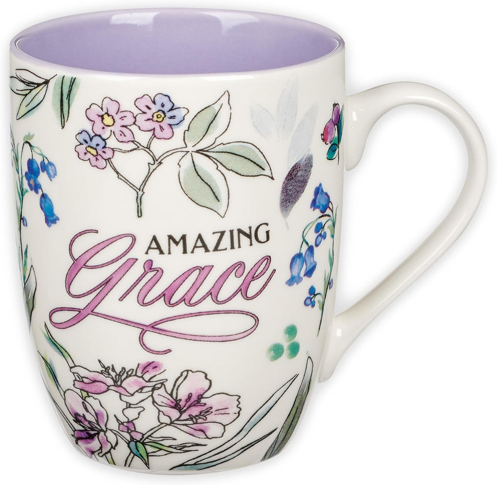 Christian Art Gifts Inspirational Ceramic Coffee & Tea Mug for Women: Amazing Grace, Cute Encouraging Lead-free Microwave & Dishwasher Safe Drinkware, White & Lavender Purple Multicolor Floral, 12 oz.