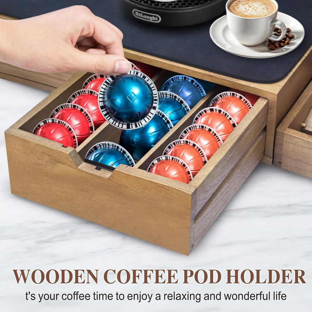 Mosucoirl Wooden K Cup Holder Organizer,Coffee Cup Drawer With Coffee Mat Coffee Pod Holder Tea Bag Storage Organizer Counter Coffee Maker Stand for Kitchen Office Coffee Bars