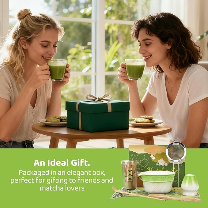 8PCS Matcha Whisk Set, Ceramic Matcha Kit Set, Japanese Tea Ceremony Tools with Matcha Bowl, Bamboo Whisk, Holder, Sifter, Spoon, Tea Cloth, Scoop and Scoop Rest (Relief Green and White)