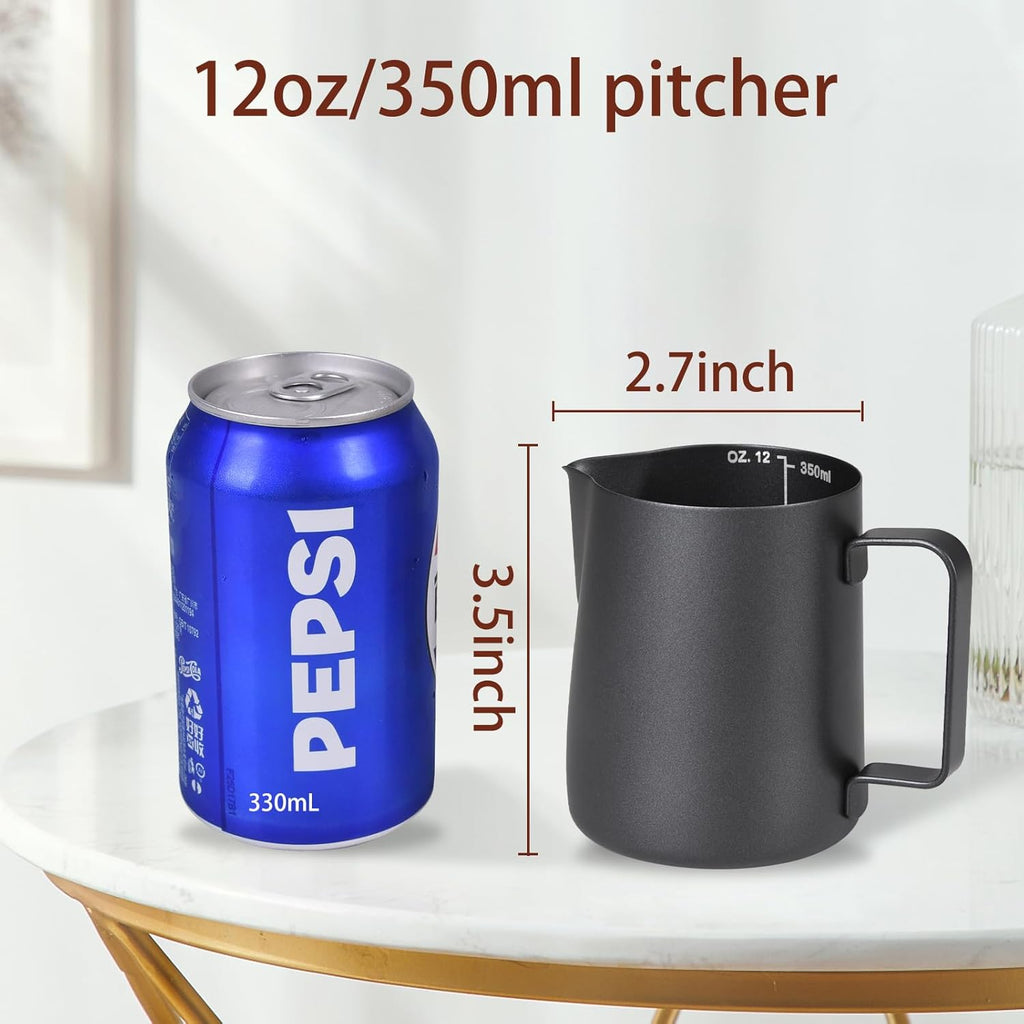 Milk Frothing Pitcher, 12OZ/350ML Stainless Steel Espresso Steaming Pitcher Coffee Milk Frother Cup with Decorating Art Pen for Espresso Machine, Milk Frother, Latte Art Black