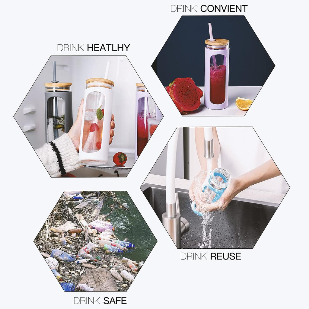 Kodrine 20oz Glass Water Tumbler with Straw and Lid, Bamboo Lids Water Bottle, Iced Coffee Cup Reusable, Wide Mouth Smoothie Cups with Protective Silicone Sleeve BPA FREE-Orange