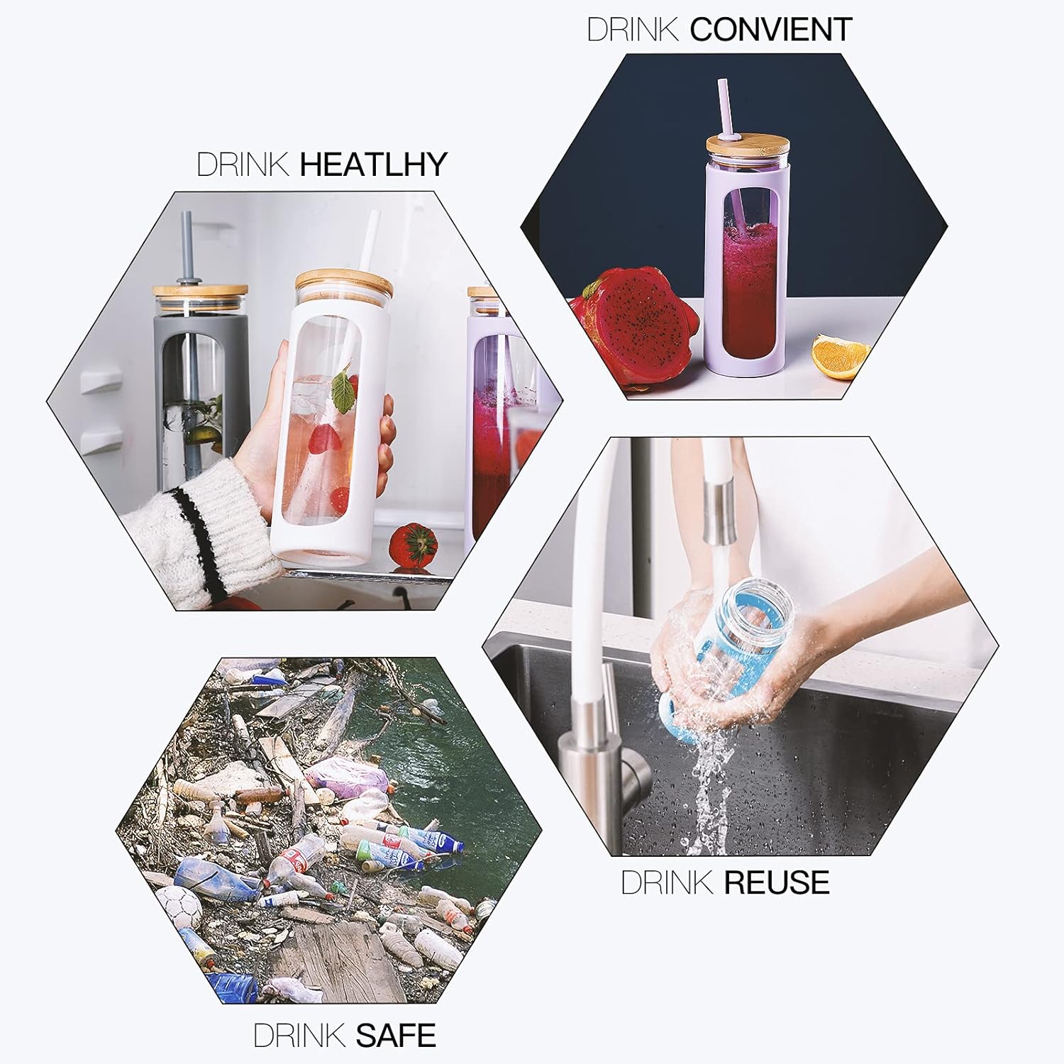 Kodrine 20oz Glass Tumbler with Straw and Lid, Bamboo Lids Water Bottle, Reusable Iced Coffee Cups, Wide Mouth Smoothie Cup with Protective Silicone Sleeve BPA FREE-White-2pack