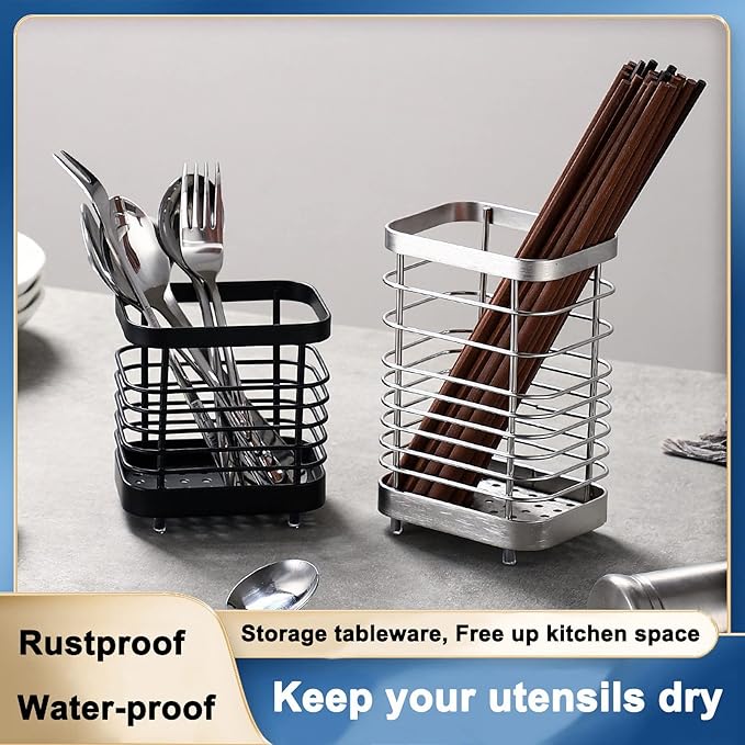 Utensil Holder, Stainless Steel Sink Drying Rack, Silverware Cutlery Flatware Holder, Cutlery Drainer for Utensils, Rust-Proof Kitchen Sink Organizer (Black)