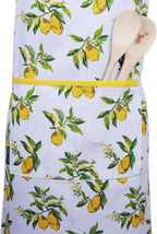 AMOUR INFINI Cotton Aprons for Women with Pockets Adjustable Strap and Waist Ties Washable Printed Aprons for Baking, Cooking, Gardening (27.5 x 33 Inches - Lemon Print)