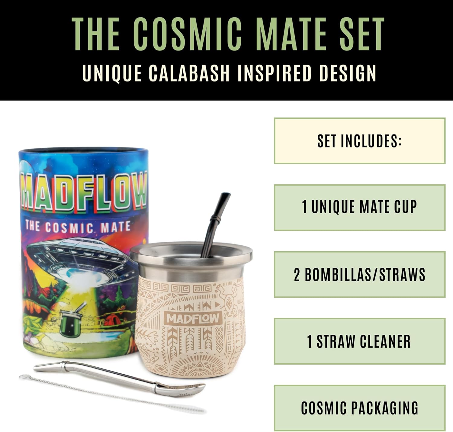 MADFLOW Yerba Mate Cup. Stainless Steel Mate Cup with 2 Bombillas. Double Wall Vacuum Insulated Yerba Mate Gourd. Unique Mate Cup And Bombilla Set