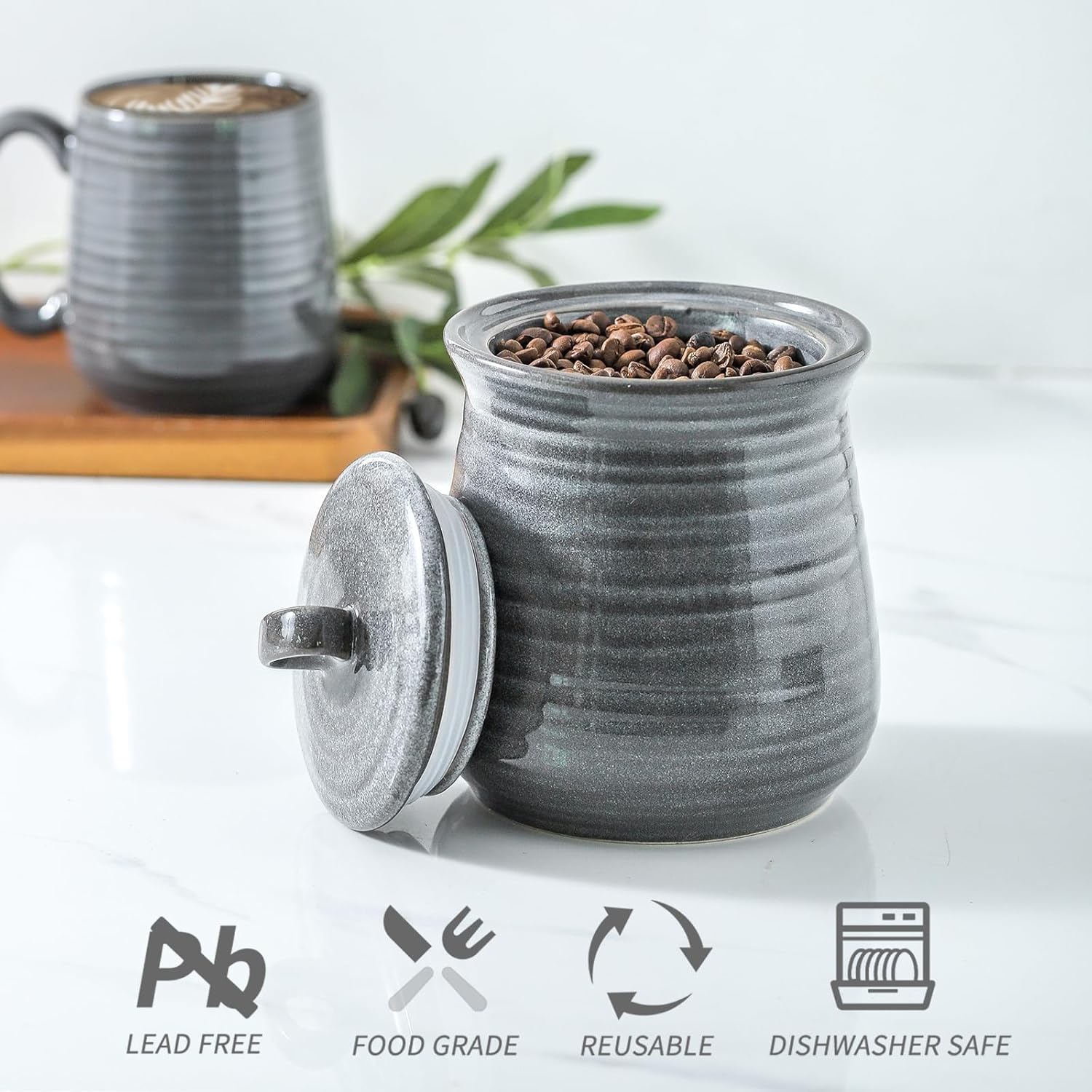 Hasense Food Storage Contaister with Lid, Ceramic Airtight Sugar Canister for Kitchen, Small Coffee Cookie Jar for Grounds Coffee, Beans, Tea, Flour, Cereal, 30 FL OZ(Grey)