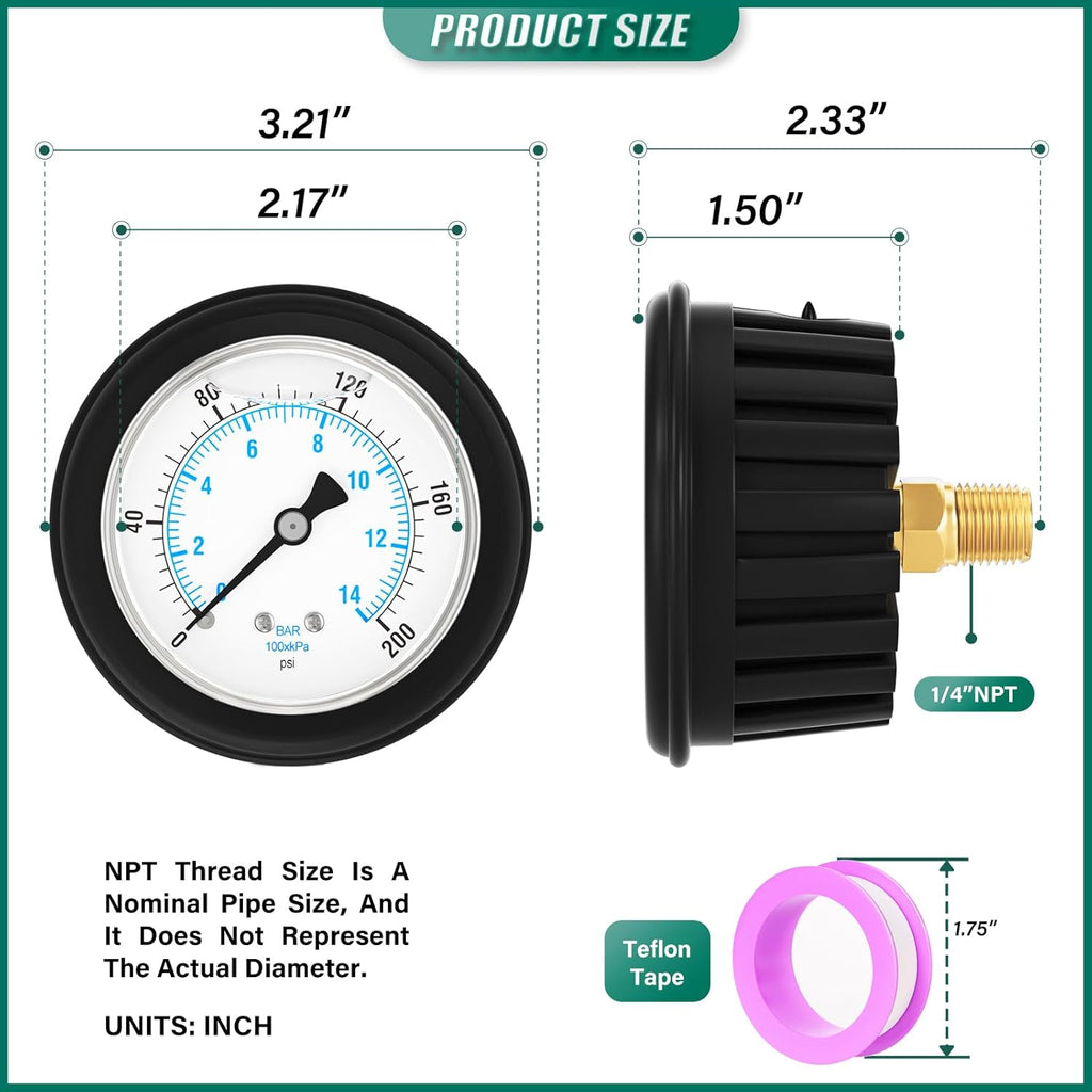 0-200PSI Stainless Steel Liquid Filled Pressure Gauge, 2.5" Dial Size, 1/4" NPT Back Mount, with Rubber Protective Sleeve, for Tube, Water Pump, Gas, Liquid, Pressure Test
