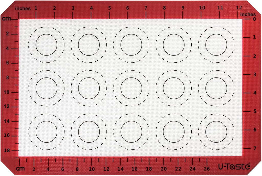 446ºF Heat Resistant Macaron Mat: U-Taste 14.17x9.44in Non Stick Silicone Baking Mat, Reusable Cookies Pastry Sheet Liner with Edge Enhancement & Circle Measurement for Cake Pan (Red)