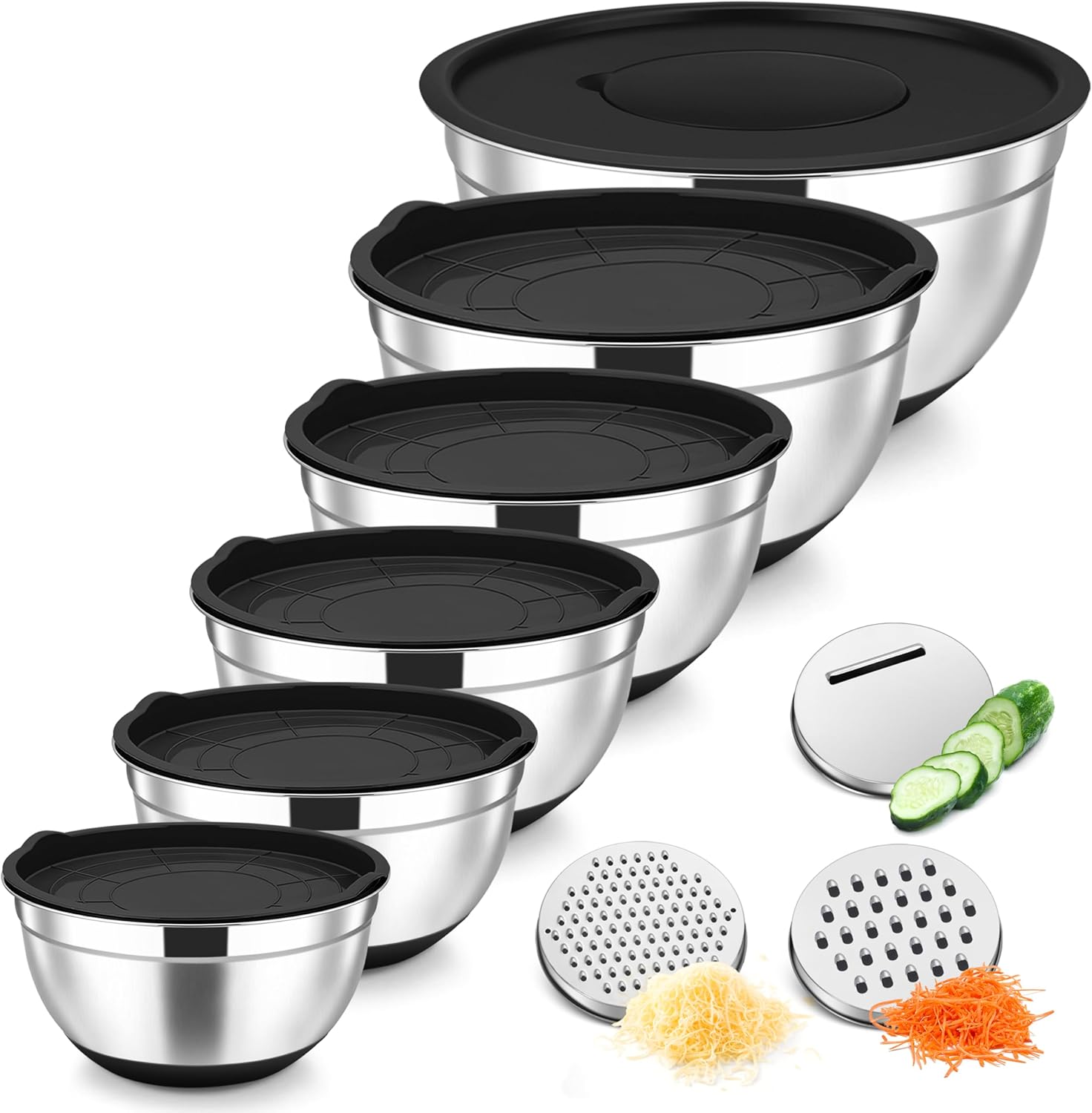 TeamFar Mixing Bowls, Stainless Steel Nesting Salad Bowl with Lids & 3 Graters, For Kitchen Cooking Serving Prepping, Airtight & Non-Slip, Size 4.6/3.5/2/1.5/1/0.7 QT, Set of 5 & Black