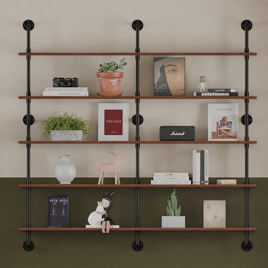 Industrial Pipe Shelf Shelving Bookcase, Wall Mounted Rustic Bookshelf 60 Inch, Floating Bookshelves for Wall,Retro Wood Metal Pipe Industrial Shelves for Living Room