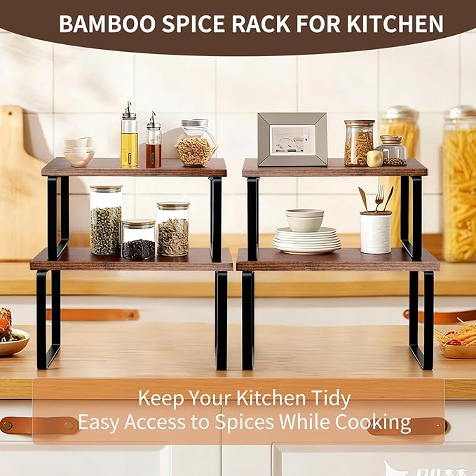 Cabinet Organizer Shelf, Set of 2 Expandable Kitchen Countertop Shelves with Spice Rack - Stackable Storage in Metal and Wood15.7 inches (Brown)