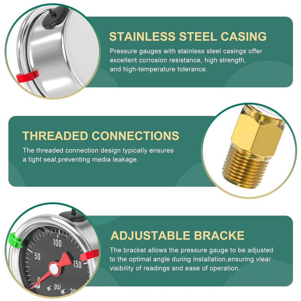 0-200PSI Stainless Steel Glycerin Filled Pressure Gauge 1.5" Black Dial Size, 1/8" NPT Back Mount, for Tube, Water Pump, Gas, Liquid, Pressure Test (with Range Mark Pointer)