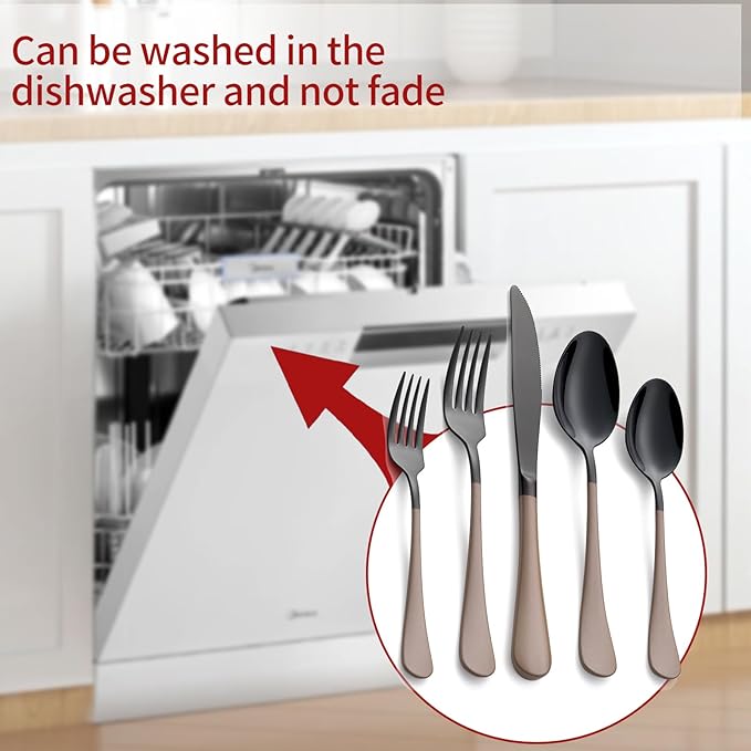 20-Piece Black Silverware Set 18/0 Stainless Steel Flatware Brown Handle Cutlery Set Service for 4 Dinner Knives Forks Spoons Set Mirror Finish Dishwasher Safe