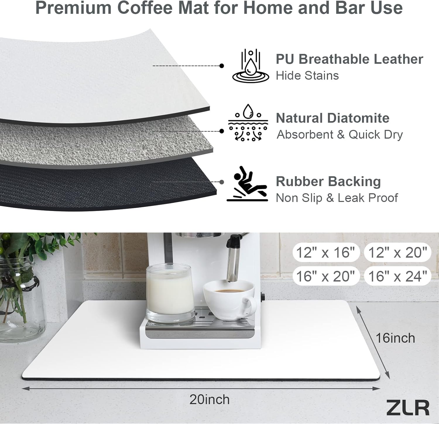ZLR Coffee Mat - 16" x 20" Large Kitchen Hide Stain Absorbent Dish Drying Mat for Countertop - Easy to Clean Coffee Bar Mat for Espresso Machine and Spill Protection - Milk White