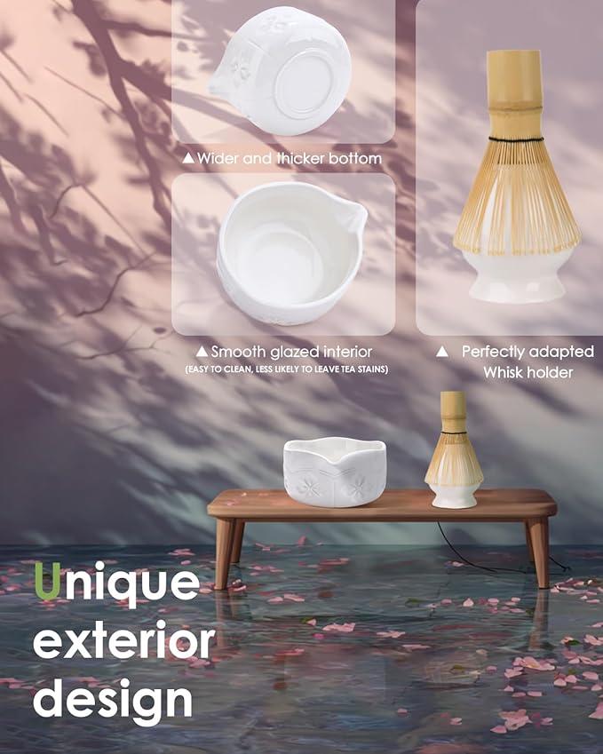 Matcha Whisk Set, Ceramic Matcha Set Includes Matcha Bowl with Spout, Matcha Whisk and Holder, Bamboo Scoop, Sifter and Tea Towel - 6 Pcs Matcha Kit Gift for Matcha Lovers Beginners (White)