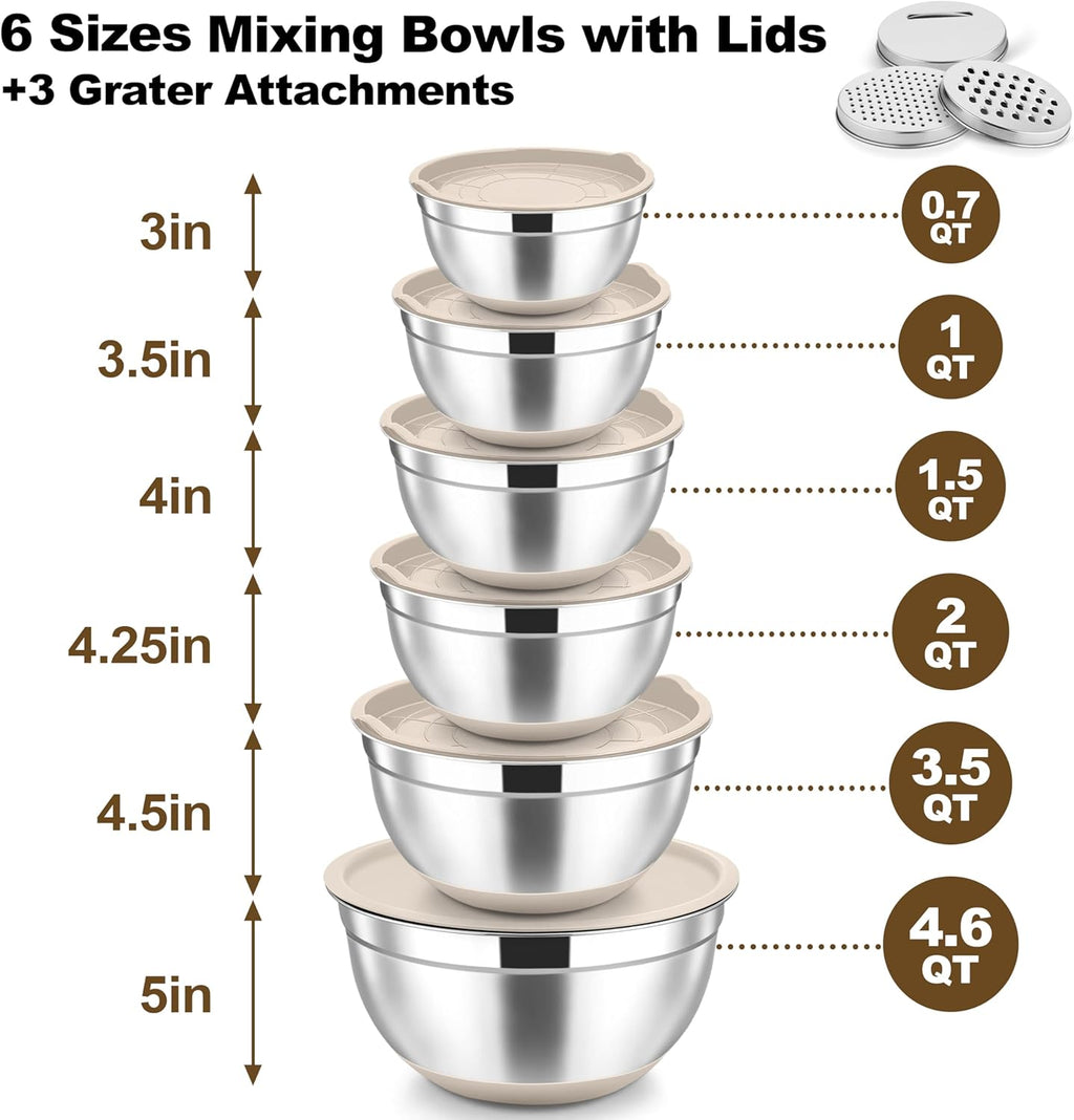 TeamFar Mixing Bowls, Stainless Steel Nesting Salad Bowl with Lids & 3 Graters, For Kitchen Cooking Serving Prepping, Airtight & Non-Slip, Size 4.6/3.5/2/1.5/1/0.7 QT, Set of 5 & Khaki