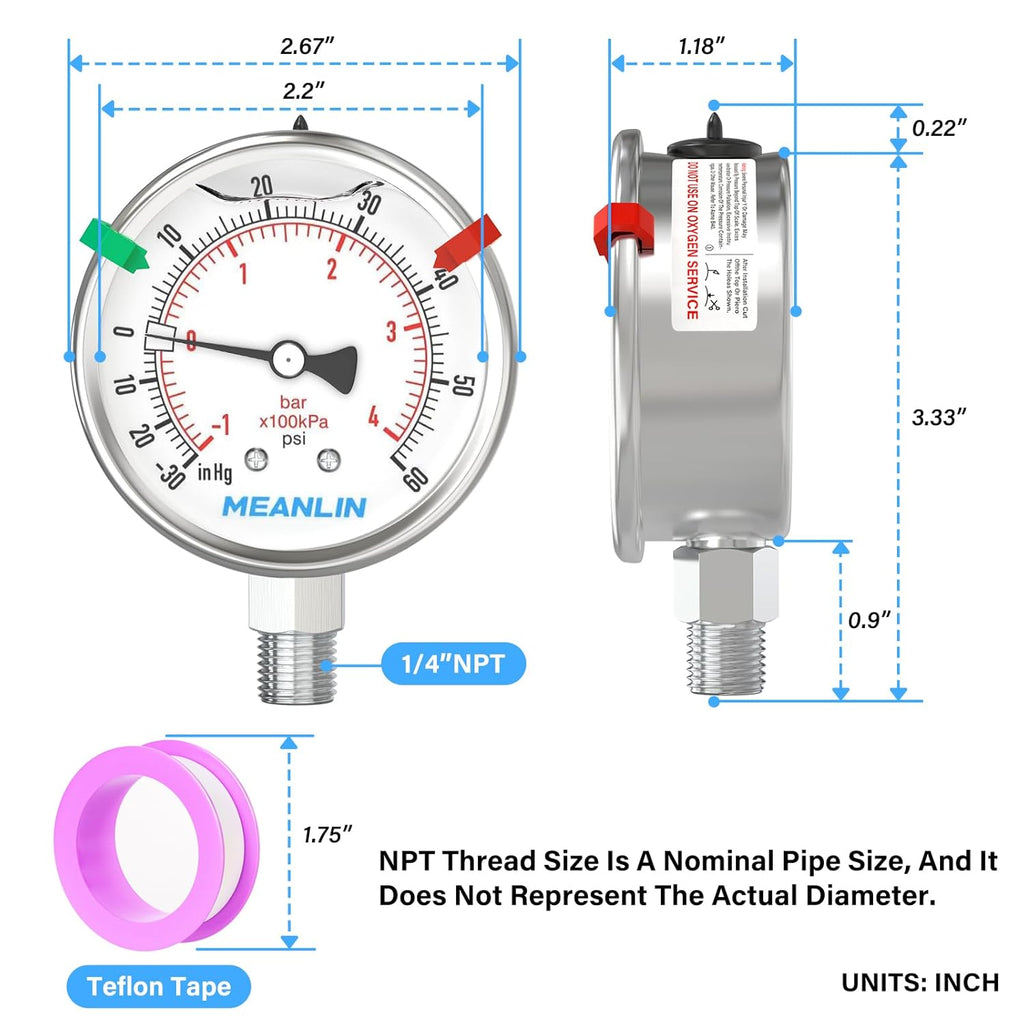 MEANLIN MEASURE -30inHG~60Psi Vacuum Pressure Gauge 316 Stainless Steel Joint 1/4" NPT 2.5" FACE DIAL, Stainless Steel Liquid Filled Pressure Gauge WOG Water Oil Air Lower Mount, 2PCS Snaps