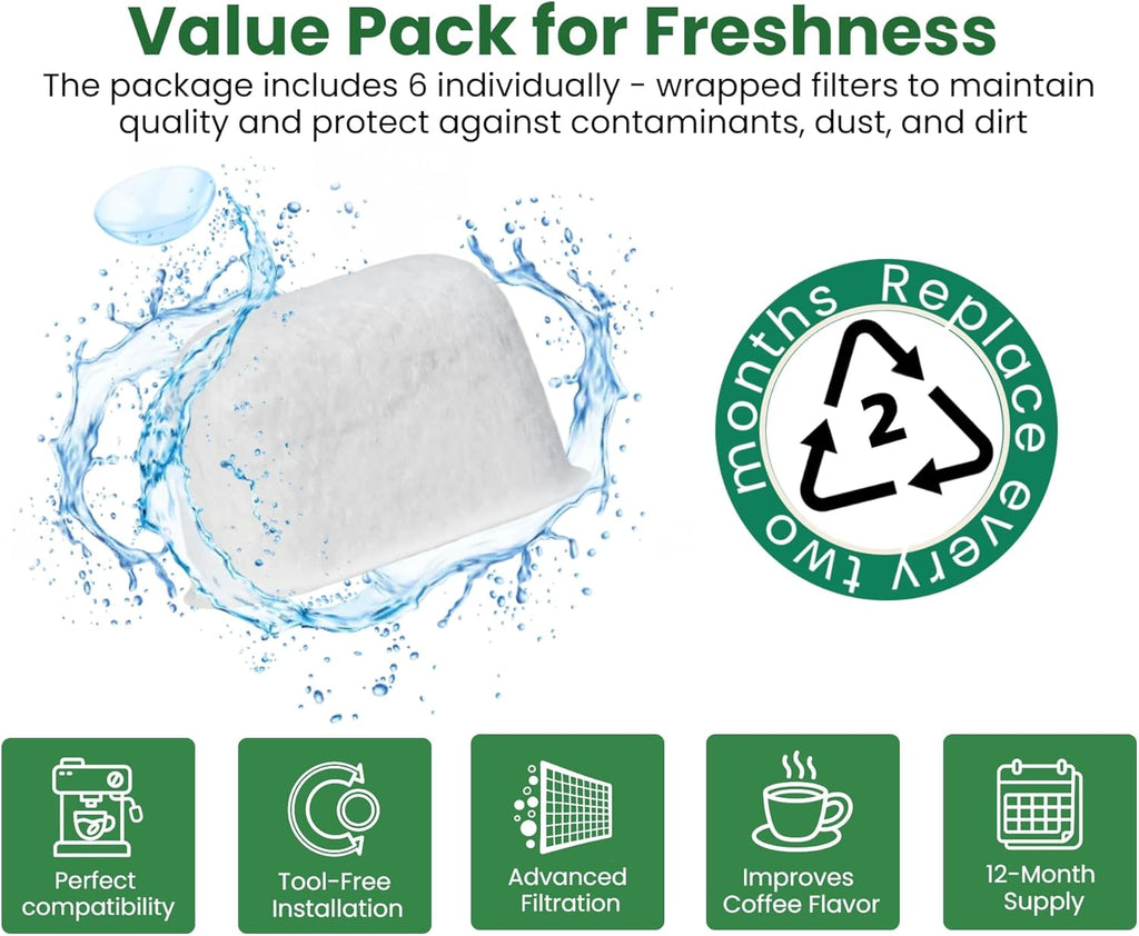Activated Carbon Water Filter Replacement for KitchenAid Espresso Machine KES6551 Series - Premium 6-Pack Charcoal Water Filters Replacement Part