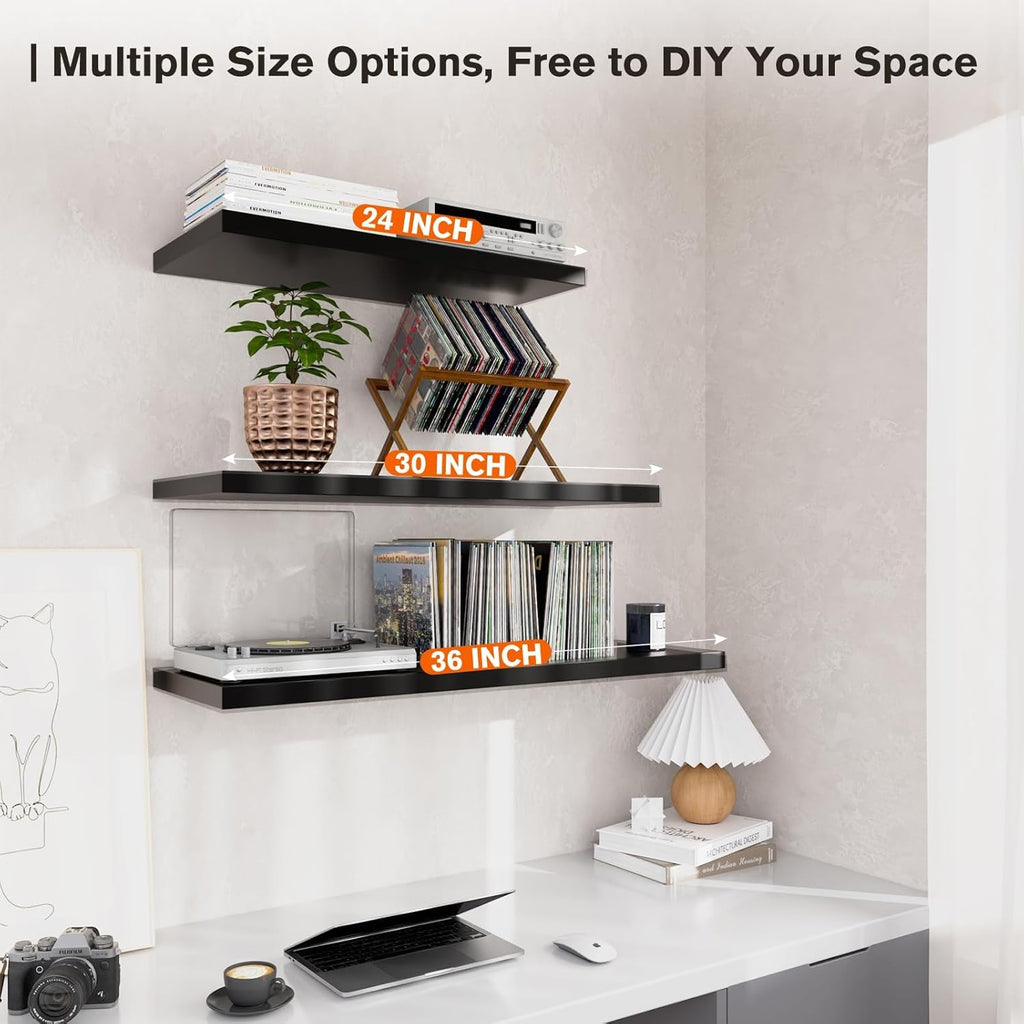 Wall Shelf Set of 3,Dark Wood Floating Shelves 36 in W x 10 in D x 1 in H, Wooden Floating Wall Shelf with Invisible Brackets for Living Room/Bedroom/Bathroom/Kitchen Storage and Decor