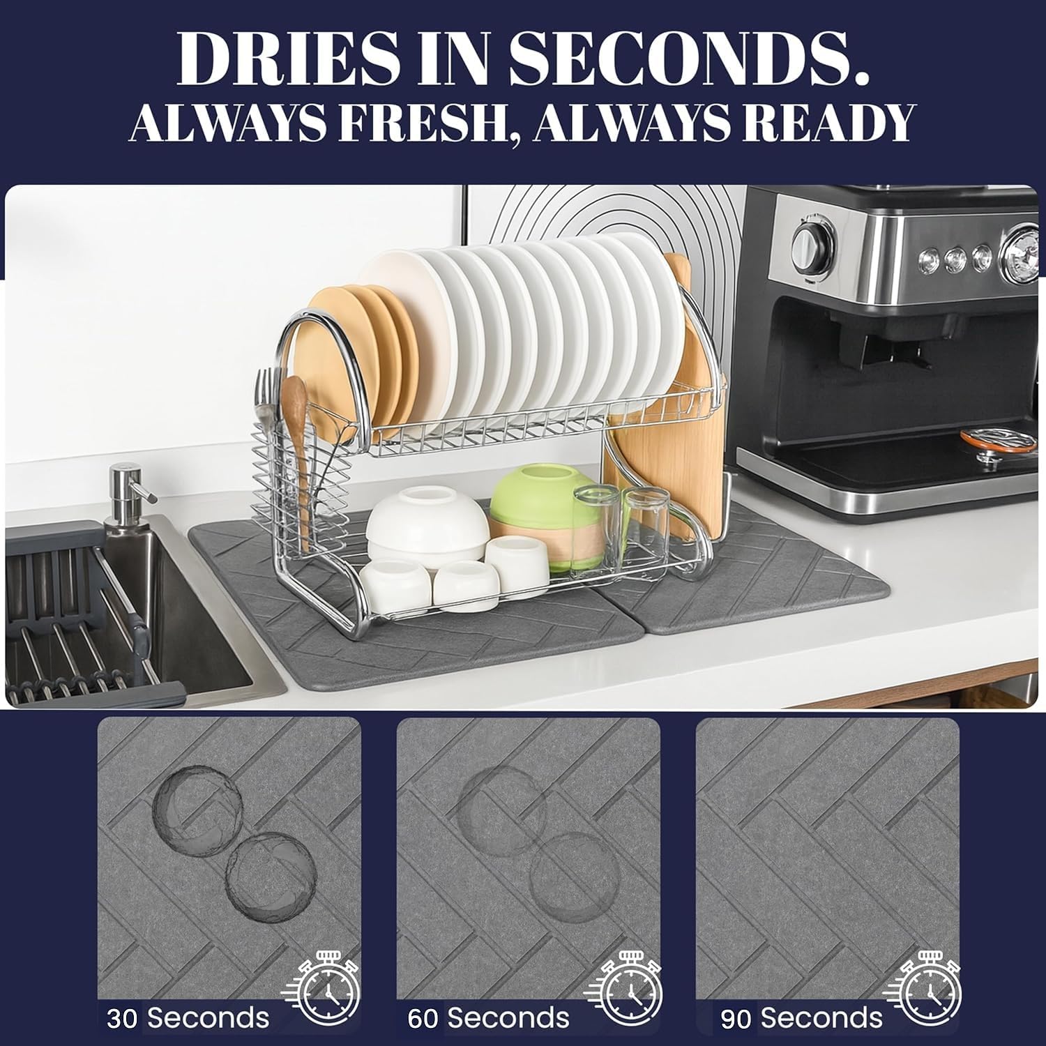 Large Folding Stone Dish Drying Mat for Kitchen Counter – Super Absorbent Diatomite Pad for Dishes, Cups & Bottles – Quick Dry, Space-Saving, Multi-Use Kitchen, Bath & Pet Mat – 23”×15.3”