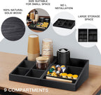 Coffee Station Organizer Coffee Condiment Service Tray with 9 Compartment for Counter, Wood Coffee Bar Supplies Organizer for Home Office Breakroom Two-in-One Black